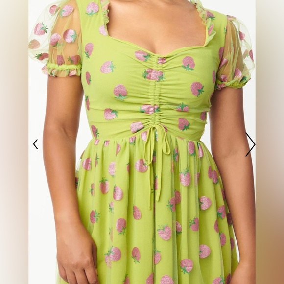 Unique Vintage NWT Smak Parlour Strawberry Print Woodstock Flare Dress - Picture 3 of 6